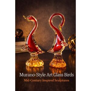 Vintage Art Glass Birds Pair – Red & Amber Murano Style